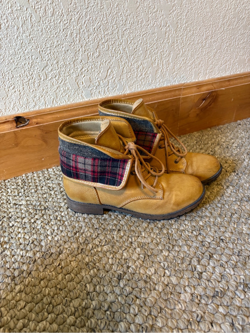 Rampage Tan Lace-Up Boots with Plaid Cuff
